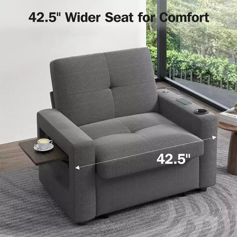Dyonery 42,5 Poltrona Letto con Divano Estraibile, Sedia Divano Reclinabile Convertibile 3-in-1 con Schienale Regolabile/Porte USB e Tavolino Laterale