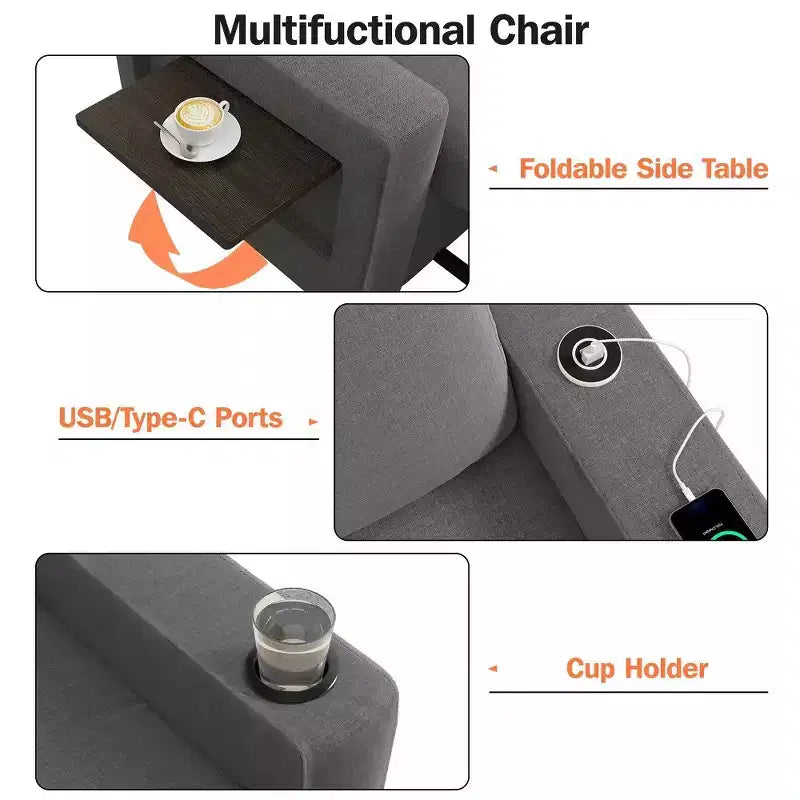 Dyonery 42,5 Poltrona Letto con Divano Estraibile, Sedia Divano Reclinabile Convertibile 3-in-1 con Schienale Regolabile/Porte USB e Tavolino Laterale