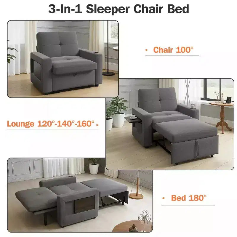 Dyonery 42,5 Poltrona Letto con Divano Estraibile, Sedia Divano Reclinabile Convertibile 3-in-1 con Schienale Regolabile/Porte USB e Tavolino Laterale