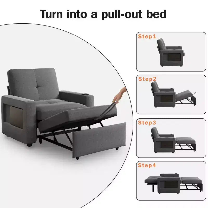 Dyonery 42,5 Poltrona Letto con Divano Estraibile, Sedia Divano Reclinabile Convertibile 3-in-1 con Schienale Regolabile/Porte USB e Tavolino Laterale