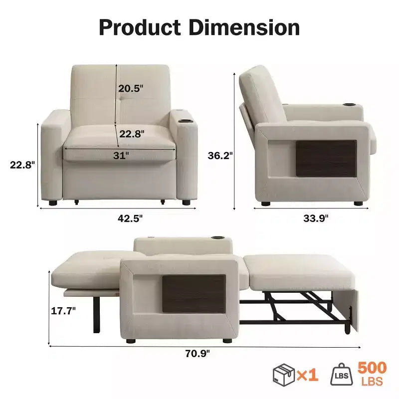 Dyonery 42,5 Poltrona Letto con Divano Estraibile, Sedia Divano Reclinabile Convertibile 3-in-1 con Schienale Regolabile/Porte USB e Tavolino Laterale