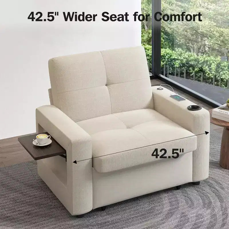 Dyonery 42,5 Poltrona Letto con Divano Estraibile, Sedia Divano Reclinabile Convertibile 3-in-1 con Schienale Regolabile/Porte USB e Tavolino Laterale