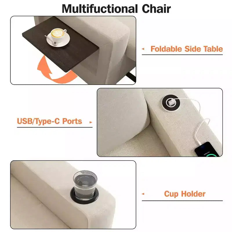 Dyonery 42,5 Poltrona Letto con Divano Estraibile, Sedia Divano Reclinabile Convertibile 3-in-1 con Schienale Regolabile/Porte USB e Tavolino Laterale