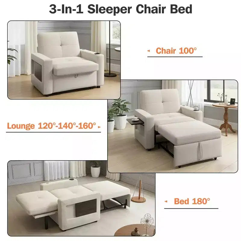 Dyonery 42,5 Poltrona Letto con Divano Estraibile, Sedia Divano Reclinabile Convertibile 3-in-1 con Schienale Regolabile/Porte USB e Tavolino Laterale