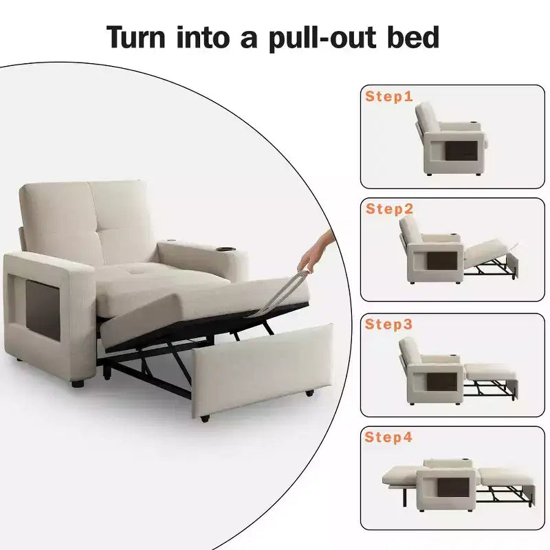 Dyonery 42,5 Poltrona Letto con Divano Estraibile, Sedia Divano Reclinabile Convertibile 3-in-1 con Schienale Regolabile/Porte USB e Tavolino Laterale