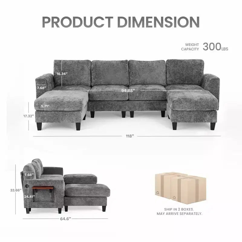 Divano componibile a U Ora Maison 118, 4 posti modulari con 2 pouf e tavolino laterale pieghevole