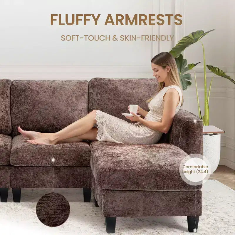 Divano componibile a U Ora Maison 118, 4 posti modulari con 2 pouf e tavolino laterale pieghevole
