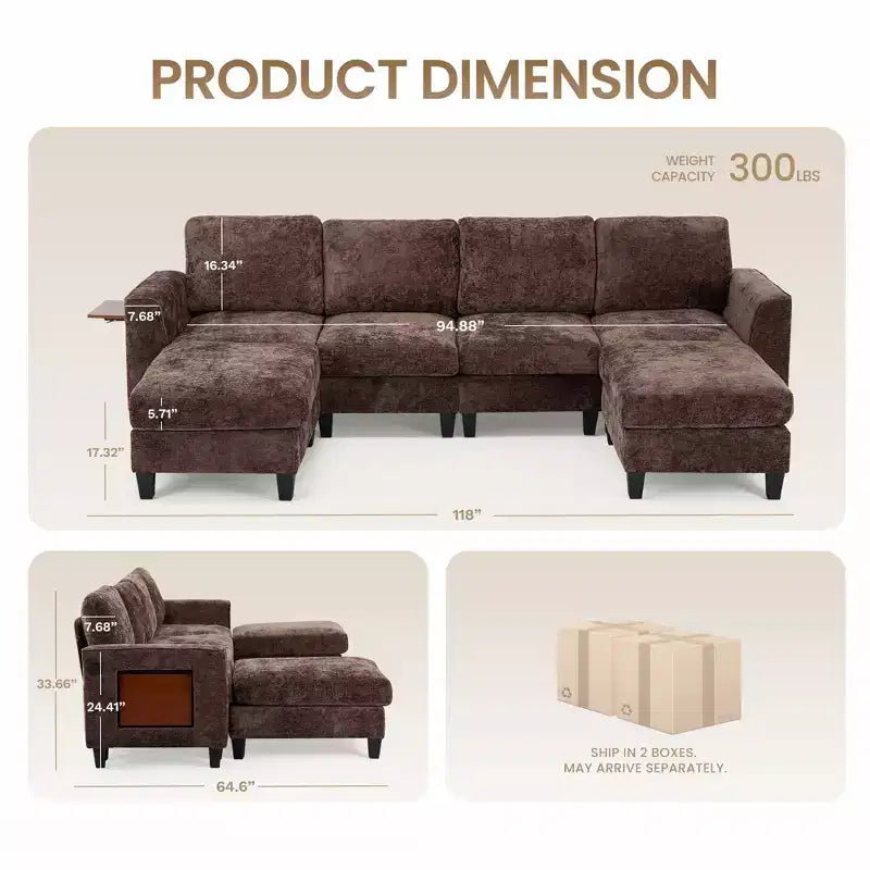 Divano componibile a U Ora Maison 118, 4 posti modulari con 2 pouf e tavolino laterale pieghevole