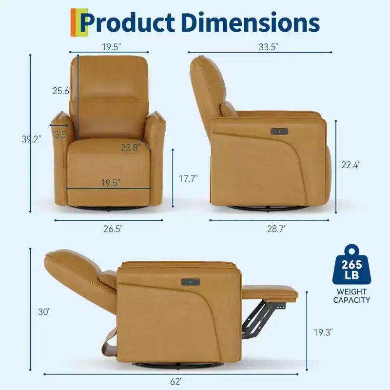 Poltrona reclinabile girevole a 360° con stazione di ricarica USB, poltrona in pelle, poltrona a dondolo elettrica con seduta profonda imbottita, supporto lombare regolabile