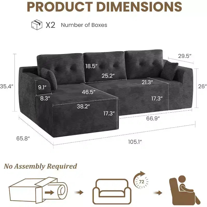 Divano componibile a 105 elementi con chaise longue oversize - Nessun assemblaggio richiesto, divano profondo per soggiorno o camera da letto - Grigio