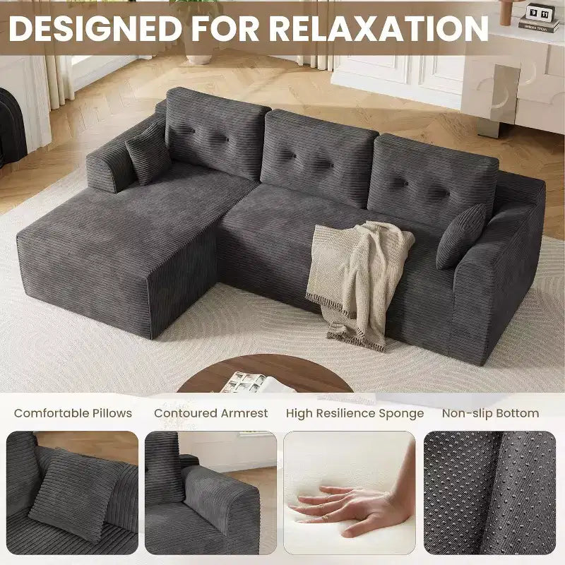 Divano componibile a 105 elementi con chaise longue oversize - Nessun assemblaggio richiesto, divano profondo per soggiorno o camera da letto - Grigio