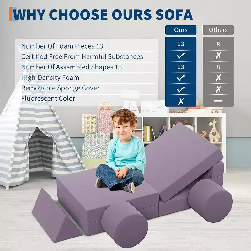 Divano gioco modulare da 13 pezzi - Set divano convertibile per bambini con fodere morbide lavabili - Poltrona da pavimento in schiuma per sala giochi, soggiorno o camera da letto