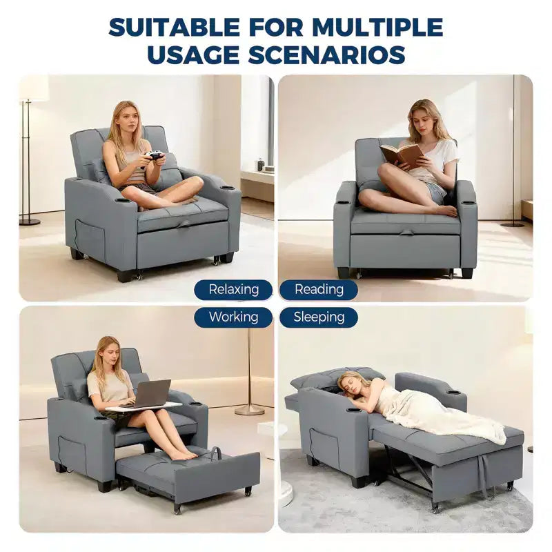 Divano Letto Convertibile 3-in-1 - Poltrona letto estraibile con schienale regolabile, portabicchieri e tasche laterali - salvaspazio, adatto per il soggiorno
