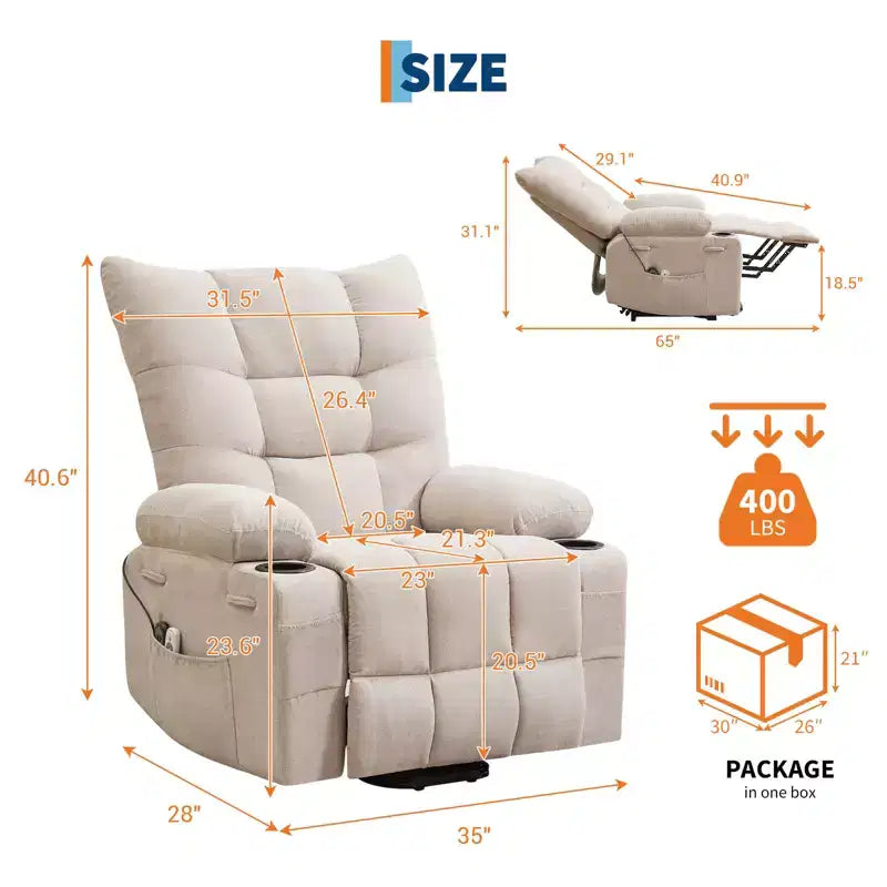 Poltrona Reclinabile con Sollevamento Extra-Large, Rivestimento Imbottito Morbido, Portabicchieri, Tasca Laterale, Funzione di Aiuto all'Alzarsi, Comoda Poltrona Relax per Soggiorno, Camera da Letto