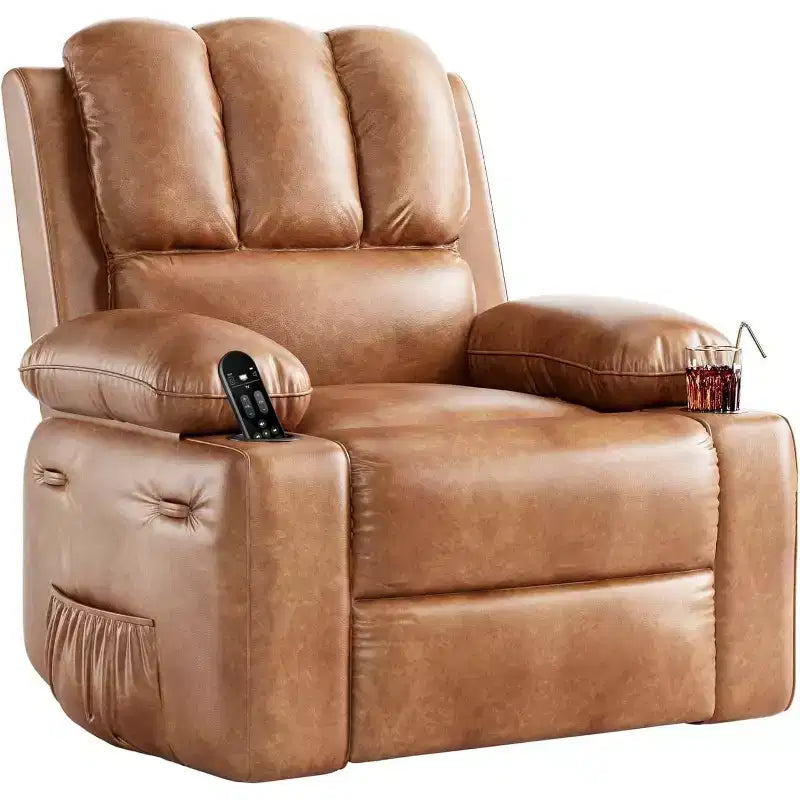Poltrona reclinabile per adulti, poltrona reclinabile a dondolo manuale in similpelle, poltrona lounge girevole a 360 gradi con tasca laterale, seduta singola, beige