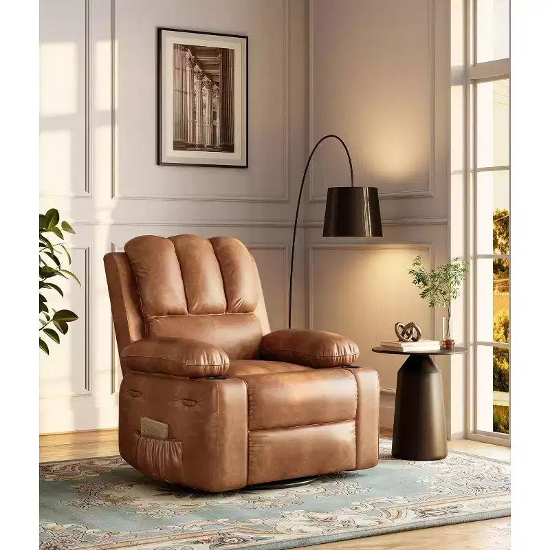 Poltrona reclinabile per adulti, poltrona reclinabile a dondolo manuale in similpelle, poltrona lounge girevole a 360 gradi con tasca laterale, seduta singola, beige