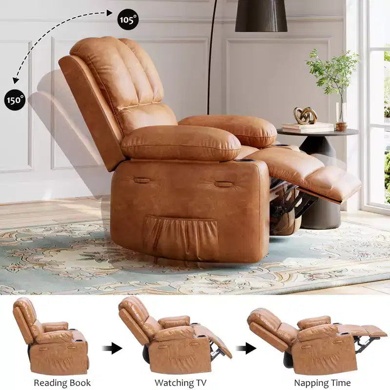 Poltrona reclinabile per adulti, poltrona reclinabile a dondolo manuale in similpelle, poltrona lounge girevole a 360 gradi con tasca laterale, seduta singola, beige