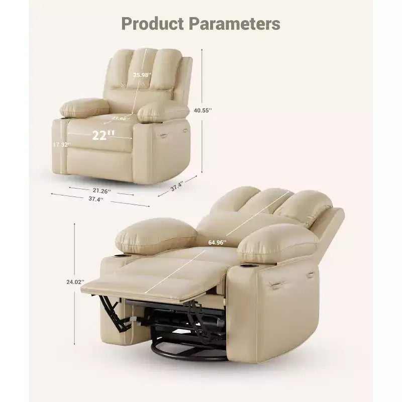 Poltrona reclinabile per adulti, poltrona reclinabile a dondolo manuale in similpelle, poltrona lounge girevole a 360 gradi con tasca laterale, seduta singola, beige
