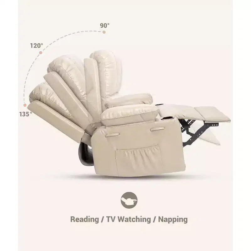 Poltrona reclinabile per adulti, poltrona reclinabile a dondolo manuale in similpelle, poltrona lounge girevole a 360 gradi con tasca laterale, seduta singola, beige