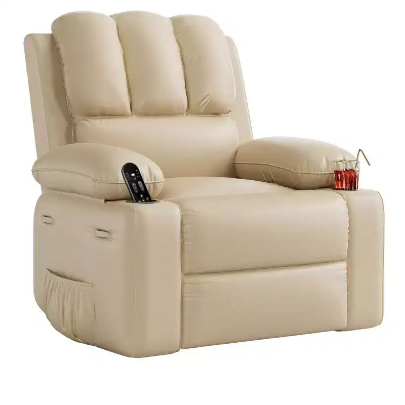 Poltrona reclinabile per adulti, poltrona reclinabile a dondolo manuale in similpelle, poltrona lounge girevole a 360 gradi con tasca laterale, seduta singola, beige