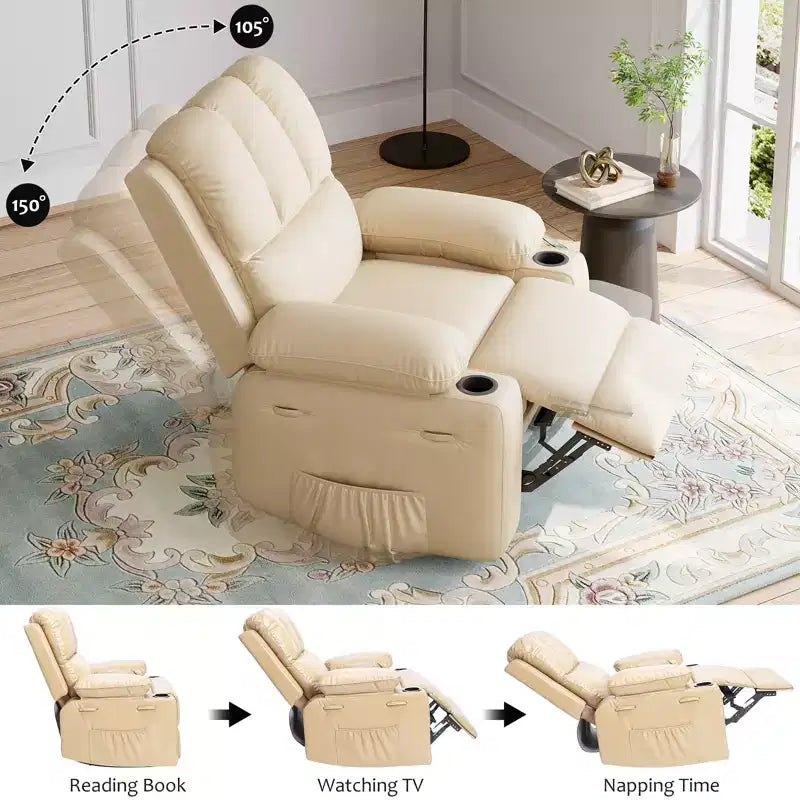 Poltrona reclinabile per adulti, poltrona reclinabile a dondolo manuale in similpelle, poltrona lounge girevole a 360 gradi con tasca laterale, seduta singola, beige