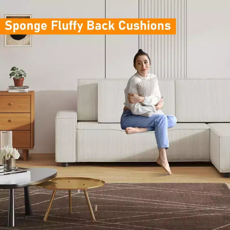 Divano componibile modulare 96, moderno divano a strisce in velluto a coste a forma di L con pouf mobile, divani componibili per soggiorno, camera da letto