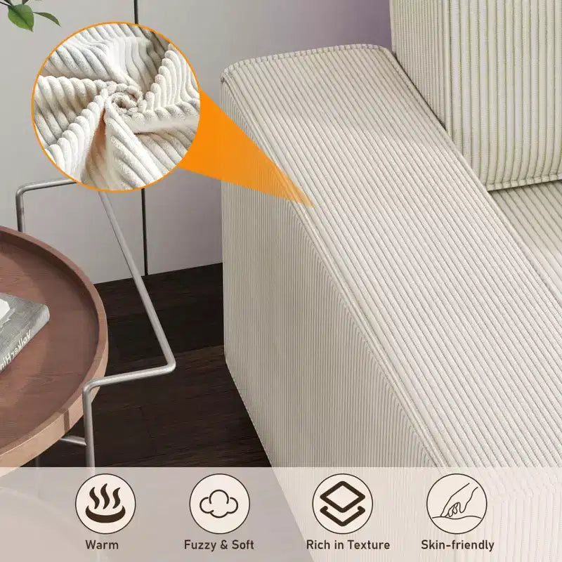 Divano componibile modulare 96, moderno divano a strisce in velluto a coste a forma di L con pouf mobile, divani componibili per soggiorno, camera da letto