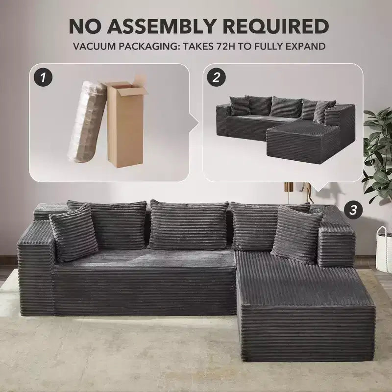 Divano componibile modulare Cloud 106, a L a 3 posti con chaise longue oversize, seduta profonda in memory foam, montaggio senza attrezzi