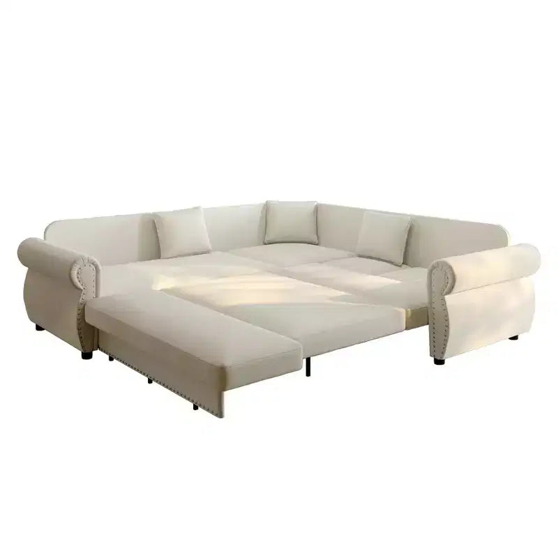 Divano Letto a L Homy Casa 88 con Letto Estraibile, Rivestimento in Ciniglia, 5 Posti, Beige