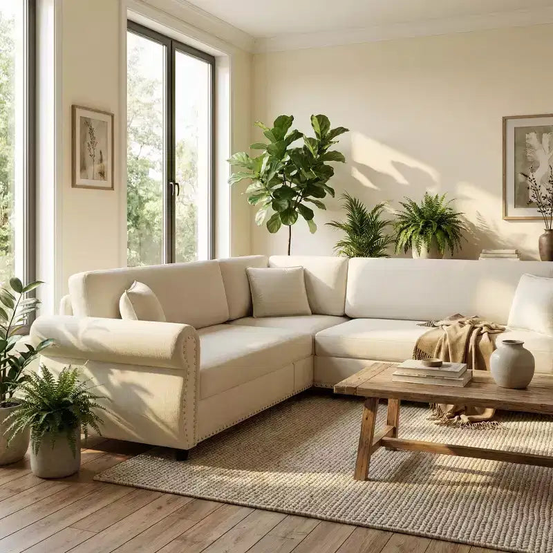 Divano Letto a L Homy Casa 88 con Letto Estraibile, Rivestimento in Ciniglia, 5 Posti, Beige
