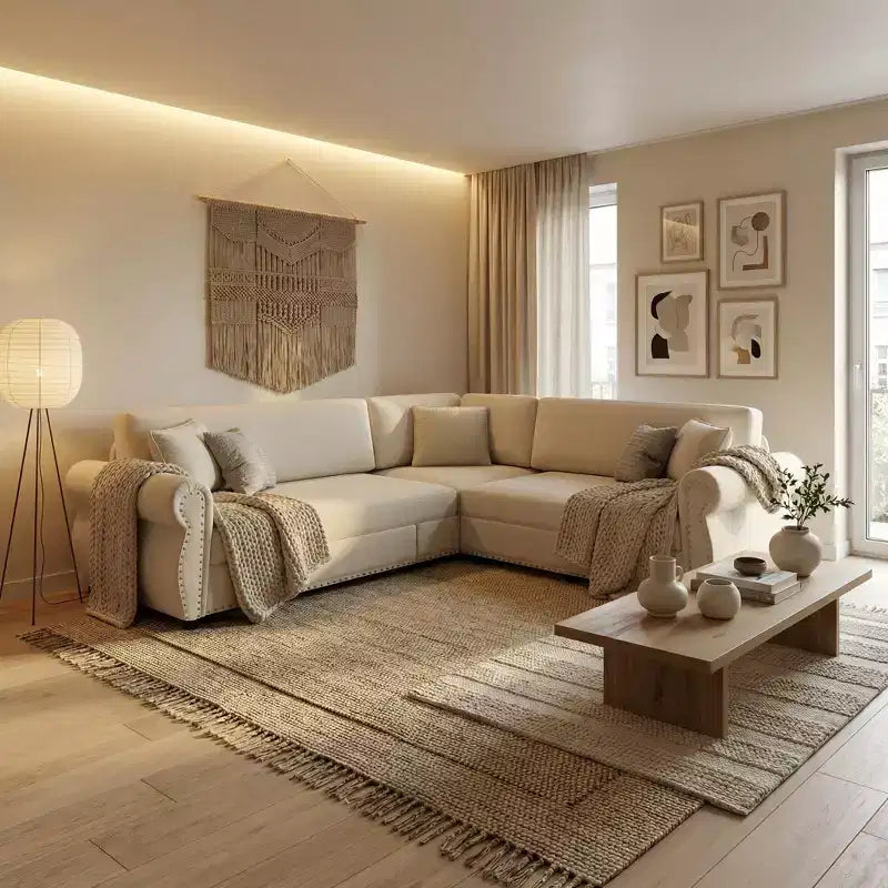 Divano Letto a L Homy Casa 88 con Letto Estraibile, Rivestimento in Ciniglia, 5 Posti, Beige