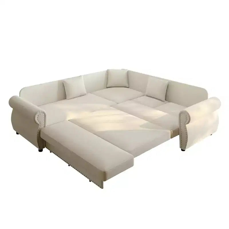 Divano Letto a L Homy Casa 88 con Letto Estraibile, Rivestimento in Ciniglia, 5 Posti, Beige