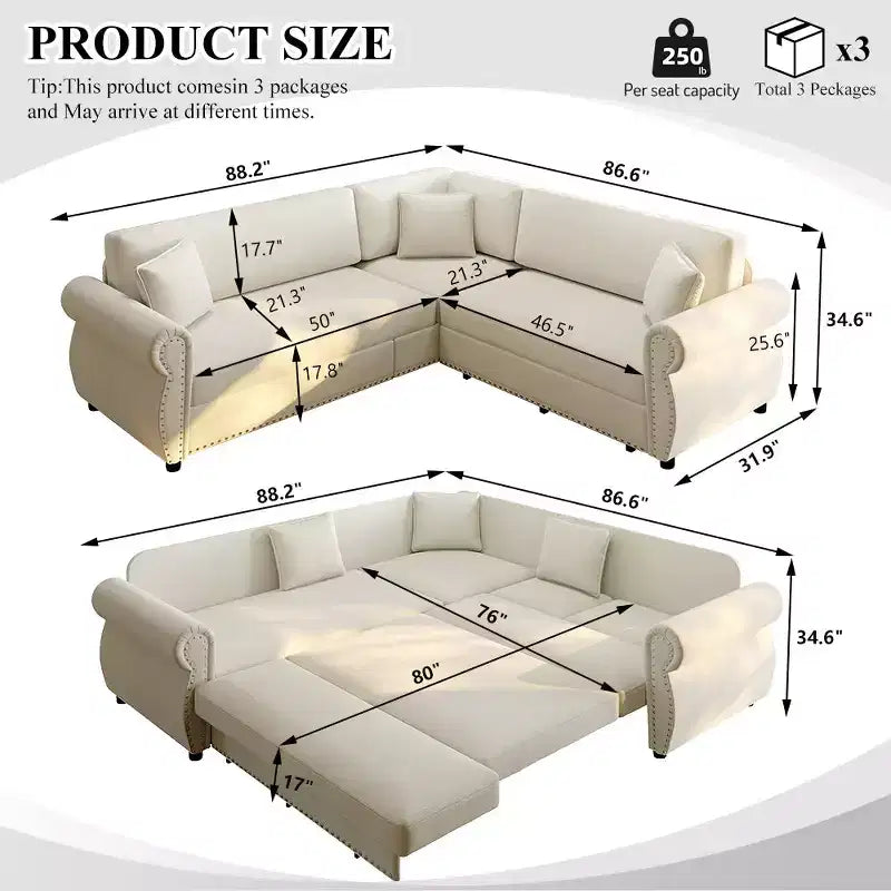 Divano Letto a L Homy Casa 88 con Letto Estraibile, Rivestimento in Ciniglia, 5 Posti, Beige