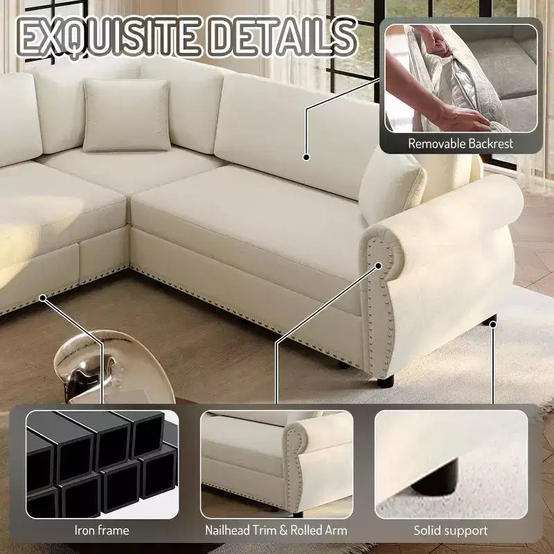 Divano Letto a L Homy Casa 88 con Letto Estraibile, Rivestimento in Ciniglia, 5 Posti, Beige