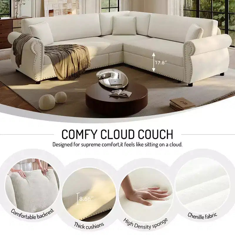 Divano Letto a L Homy Casa 88 con Letto Estraibile, Rivestimento in Ciniglia, 5 Posti, Beige