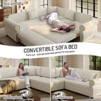 Divano Letto a L Homy Casa 88 con Letto Estraibile, Rivestimento in Ciniglia, 5 Posti, Beige