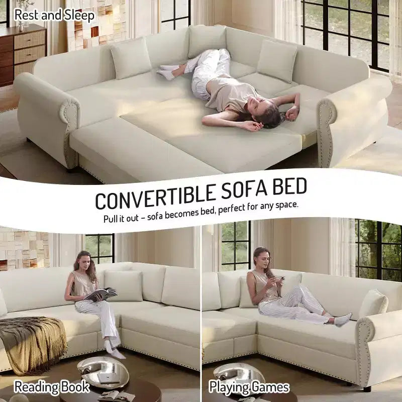 Divano Letto a L Homy Casa 88 con Letto Estraibile, Rivestimento in Ciniglia, 5 Posti, Beige