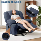 Poltrona Reclinabile Girevole a 360° con Funzione Calore e Massaggio, Basculante Manuale, Portabicchieri e Tasche Contenitore, in ciniglia/pelle PU per Soggiorno e Camera da Letto