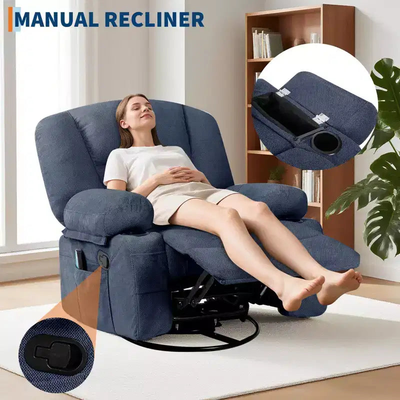 Poltrona Reclinabile Girevole a 360° con Funzione Calore e Massaggio, Basculante Manuale, Portabicchieri e Tasche Contenitore, in ciniglia/pelle PU per Soggiorno e Camera da Letto