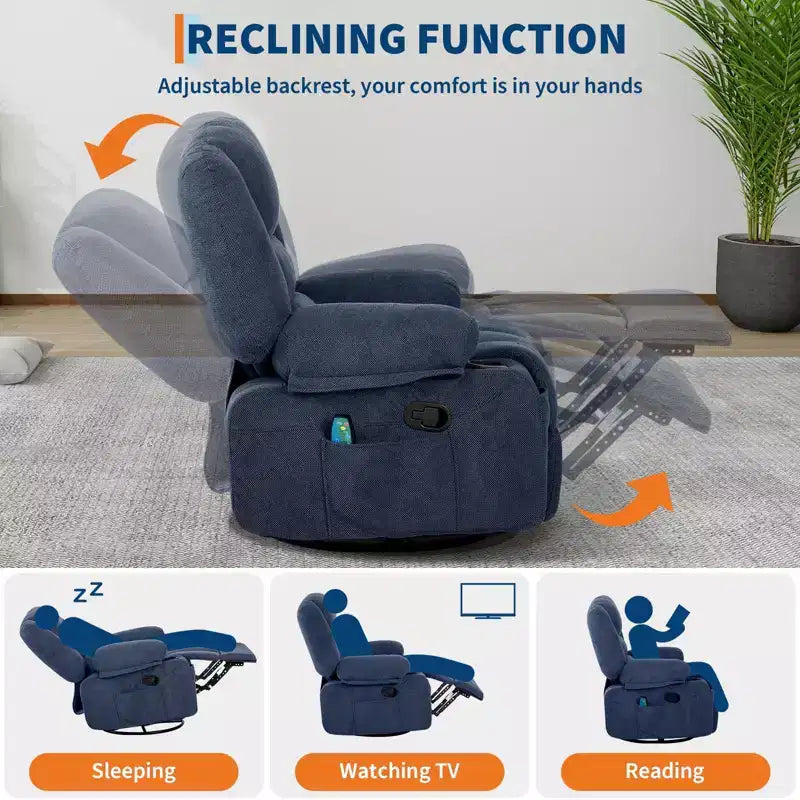 Poltrona Reclinabile Girevole a 360° con Funzione Calore e Massaggio, Basculante Manuale, Portabicchieri e Tasche Contenitore, in ciniglia/pelle PU per Soggiorno e Camera da Letto