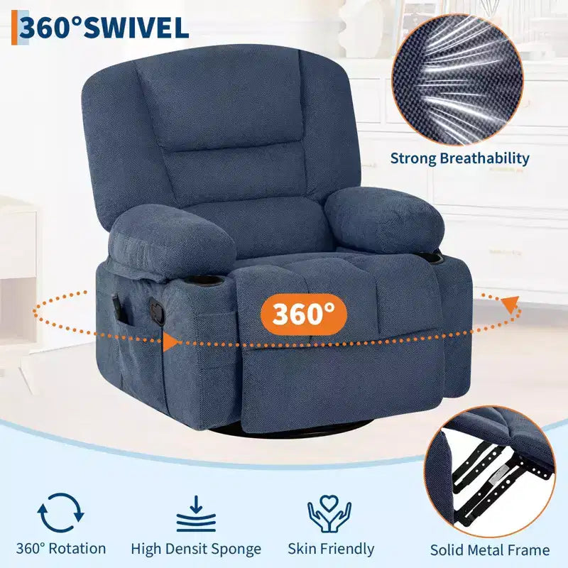 Poltrona Reclinabile Girevole a 360° con Funzione Calore e Massaggio, Basculante Manuale, Portabicchieri e Tasche Contenitore, in ciniglia/pelle PU per Soggiorno e Camera da Letto