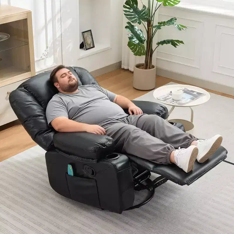 Poltrona Reclinabile Girevole a 360° con Funzione Calore e Massaggio, Basculante Manuale, Portabicchieri e Tasche Contenitore, in ciniglia/pelle PU per Soggiorno e Camera da Letto