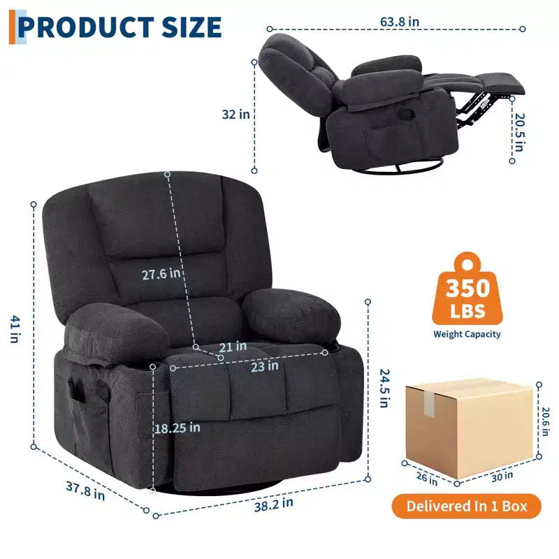 Poltrona Reclinabile Girevole a 360° con Funzione Calore e Massaggio, Basculante Manuale, Portabicchieri e Tasche Contenitore, in ciniglia/pelle PU per Soggiorno e Camera da Letto