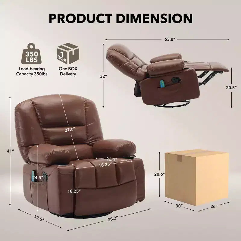Poltrona Reclinabile Girevole a 360° con Funzione Calore e Massaggio, Basculante Manuale, Portabicchieri e Tasche Contenitore, in ciniglia/pelle PU per Soggiorno e Camera da Letto