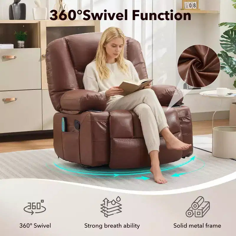 Poltrona Reclinabile Girevole a 360° con Funzione Calore e Massaggio, Basculante Manuale, Portabicchieri e Tasche Contenitore, in ciniglia/pelle PU per Soggiorno e Camera da Letto