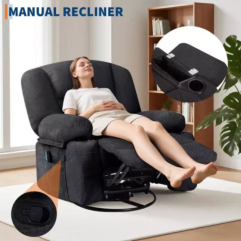 Poltrona Reclinabile Girevole a 360° con Funzione Calore e Massaggio, Basculante Manuale, Portabicchieri e Tasche Contenitore, in ciniglia/pelle PU per Soggiorno e Camera da Letto
