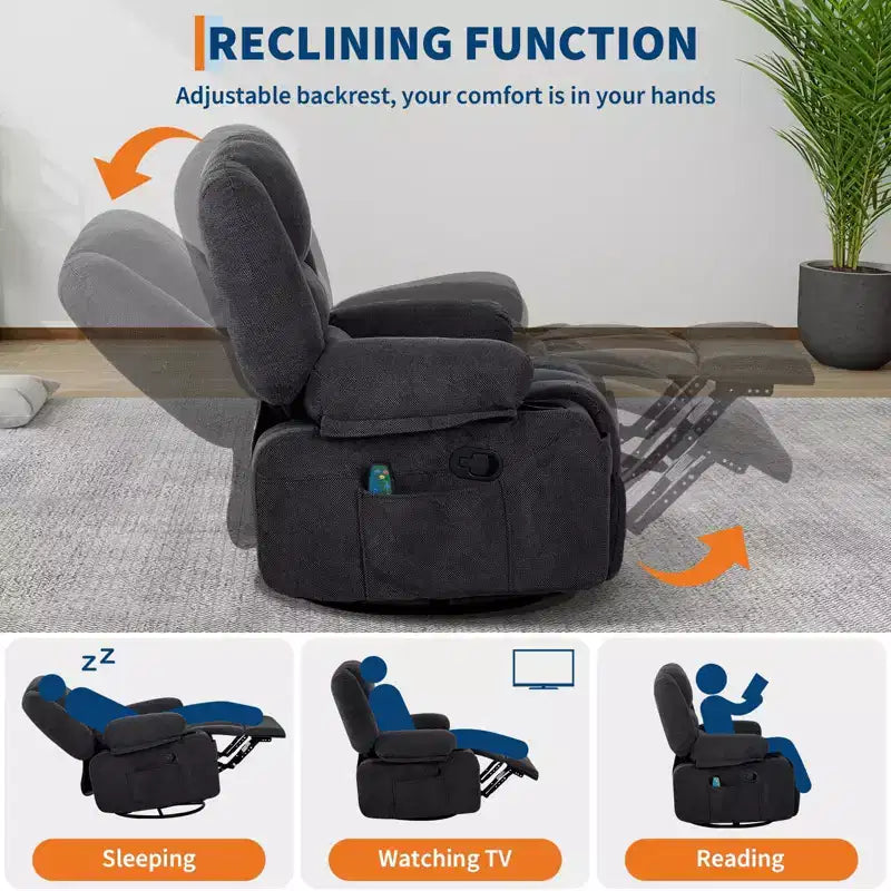 Poltrona Reclinabile Girevole a 360° con Funzione Calore e Massaggio, Basculante Manuale, Portabicchieri e Tasche Contenitore, in ciniglia/pelle PU per Soggiorno e Camera da Letto