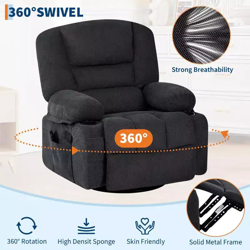 Poltrona Reclinabile Girevole a 360° con Funzione Calore e Massaggio, Basculante Manuale, Portabicchieri e Tasche Contenitore, in ciniglia/pelle PU per Soggiorno e Camera da Letto