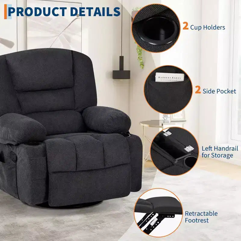 Poltrona Reclinabile Girevole a 360° con Funzione Calore e Massaggio, Basculante Manuale, Portabicchieri e Tasche Contenitore, in ciniglia/pelle PU per Soggiorno e Camera da Letto