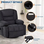 Poltrona Reclinabile Girevole a 360° con Funzione Calore e Massaggio, Basculante Manuale, Portabicchieri e Tasche Contenitore, in ciniglia/pelle PU per Soggiorno e Camera da Letto